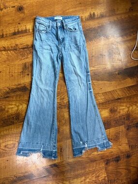 Flying Monkey Light Blue Flare Jeans with Distressed Raw Hem